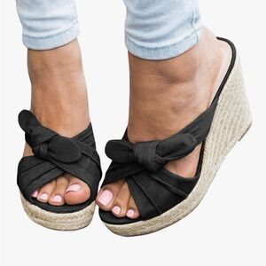 Fashare Black Suede Bow Wedge Slide Sandals Women's Slip On Casual